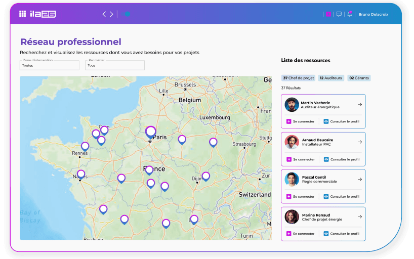 A map showing locations with markers, accompanied by a list of relevant items or businesses on the side.