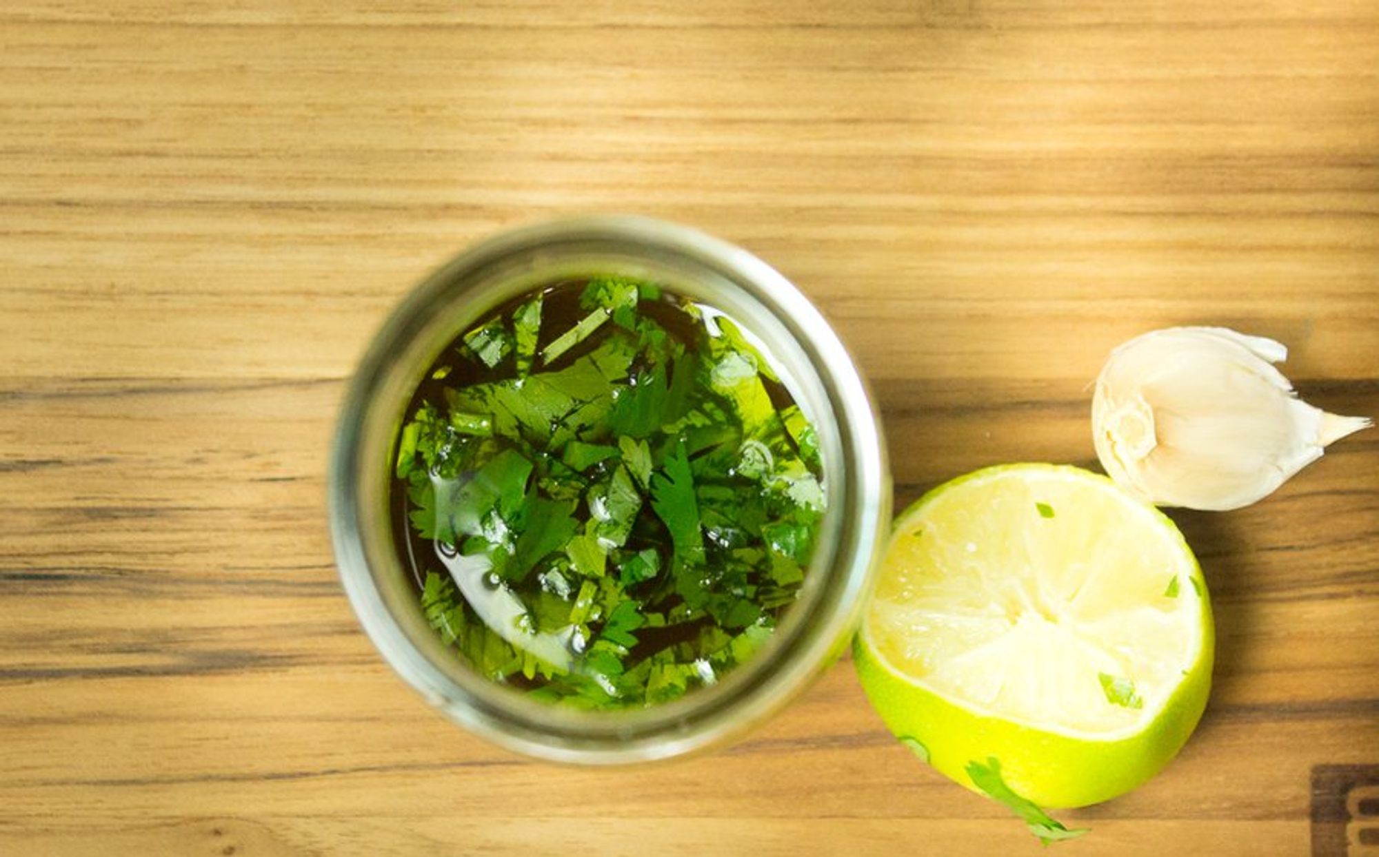 olive oil, cilantro, lime juice and garlic in a jar