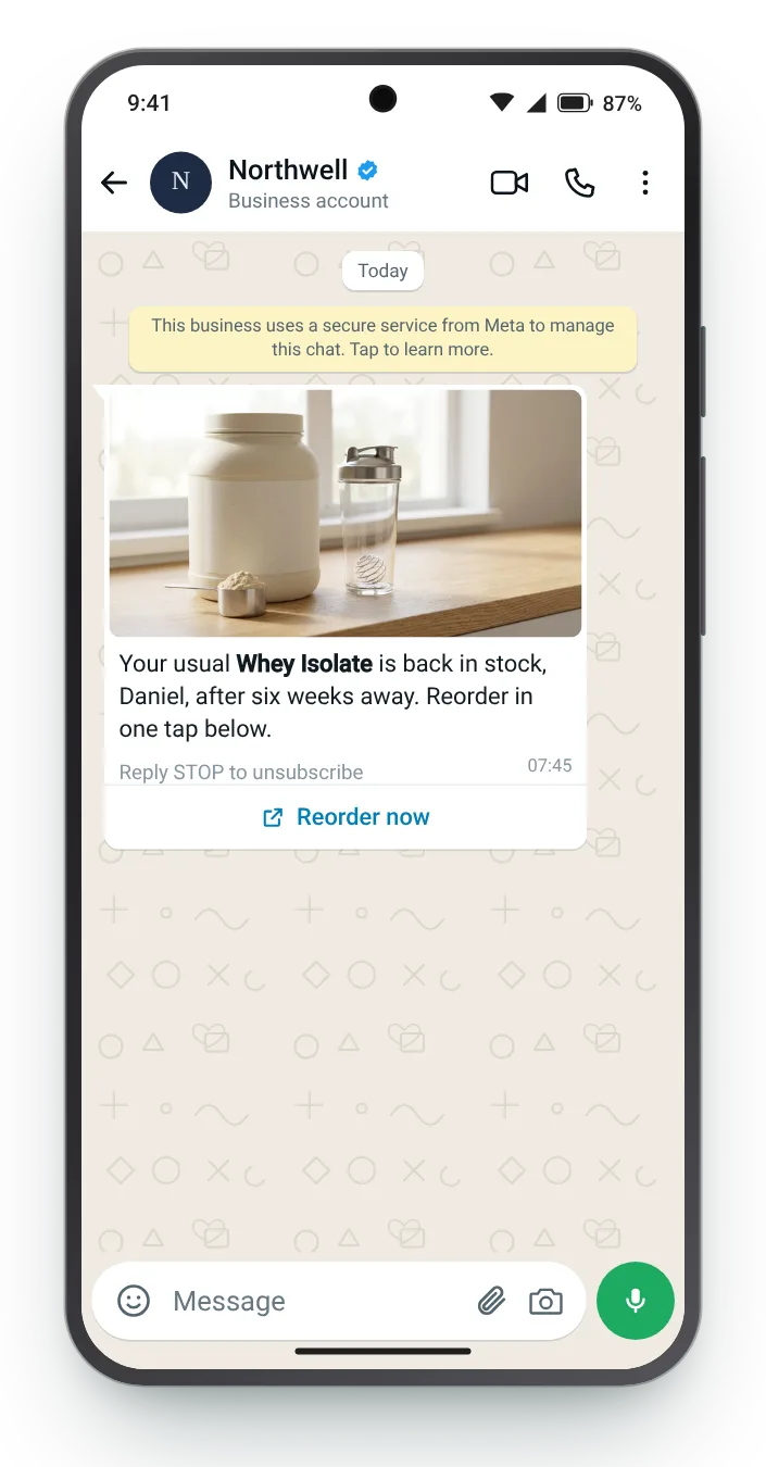 Their usual product is back: WhatsApp restock alert on an Android phone