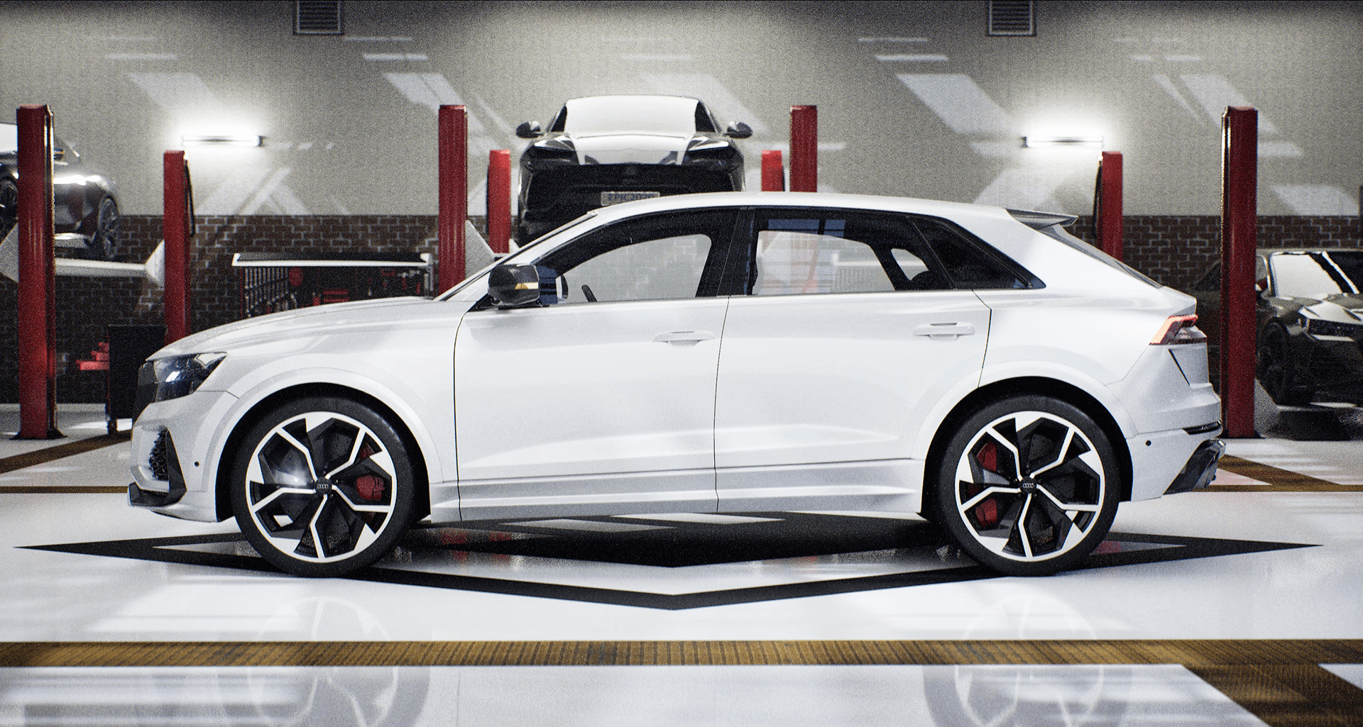 An unreal engine 5 cinematic render of Audi RSQ8 in a custom garage environment.