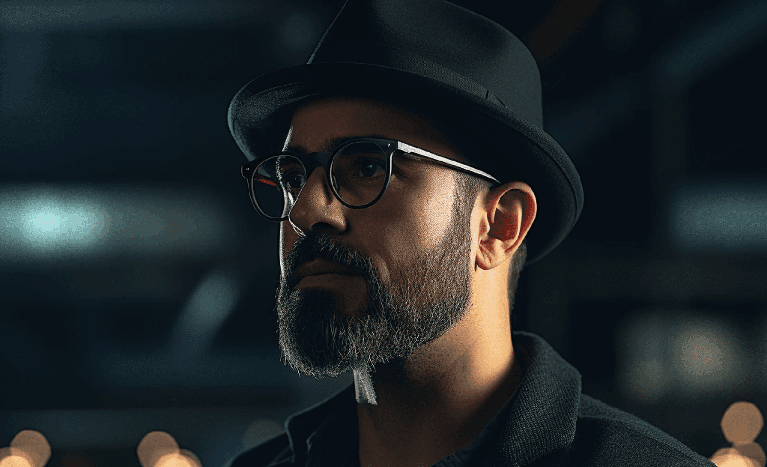 Porträt eines Mannes mit Brille, schwarzem Hut und Vollbart in einem dunklen, unscharfen Hintergrund mit Lichtern im Bokeh-Stil.