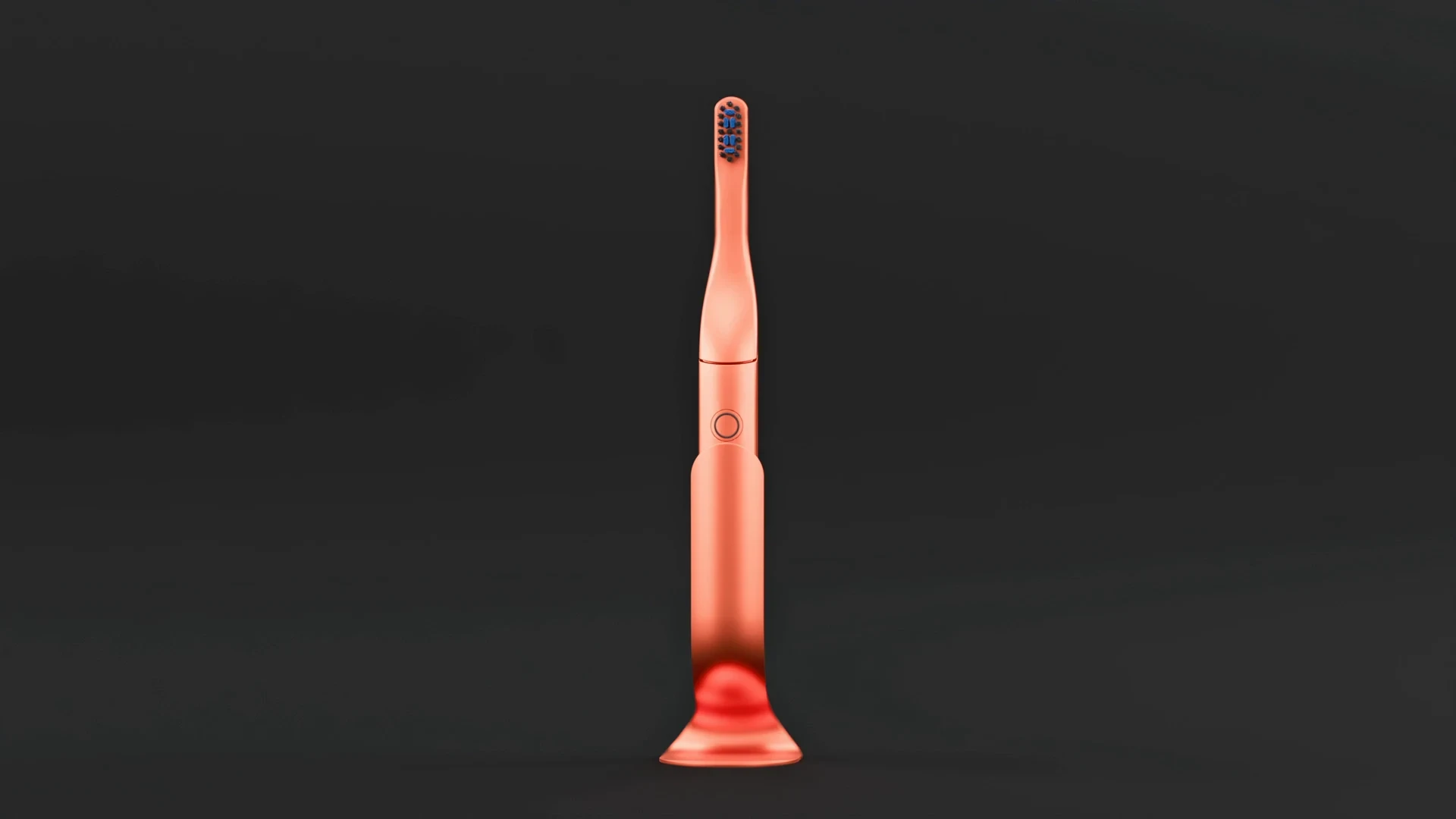 Copper toothbrush standing on its curved base