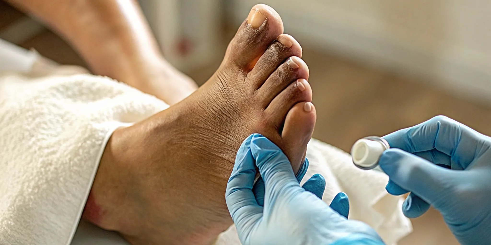 Doctor examining a foot for a broken toe.