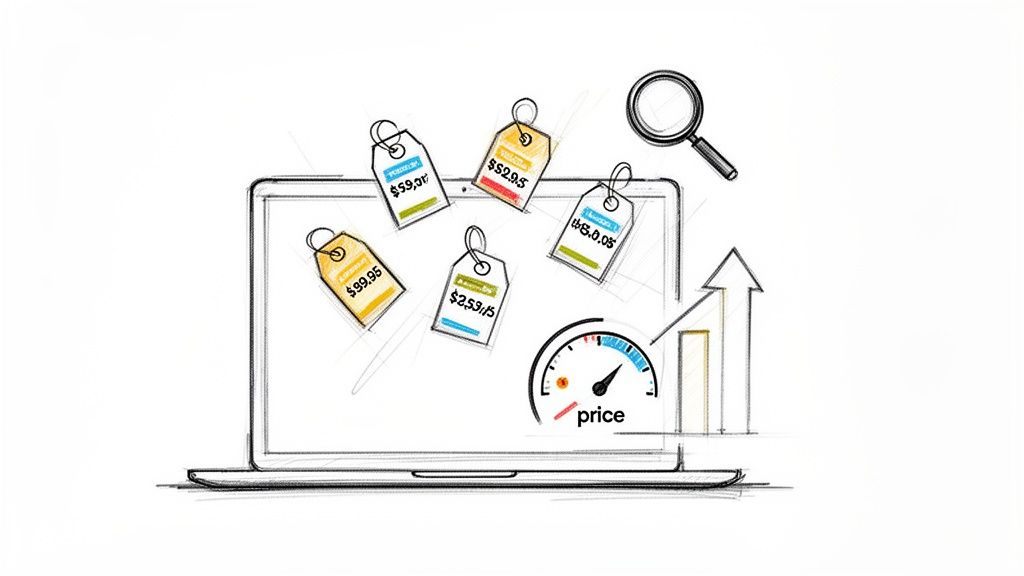 Digital price monitoring illustration showing a laptop with various price tags and a magnifying glass.