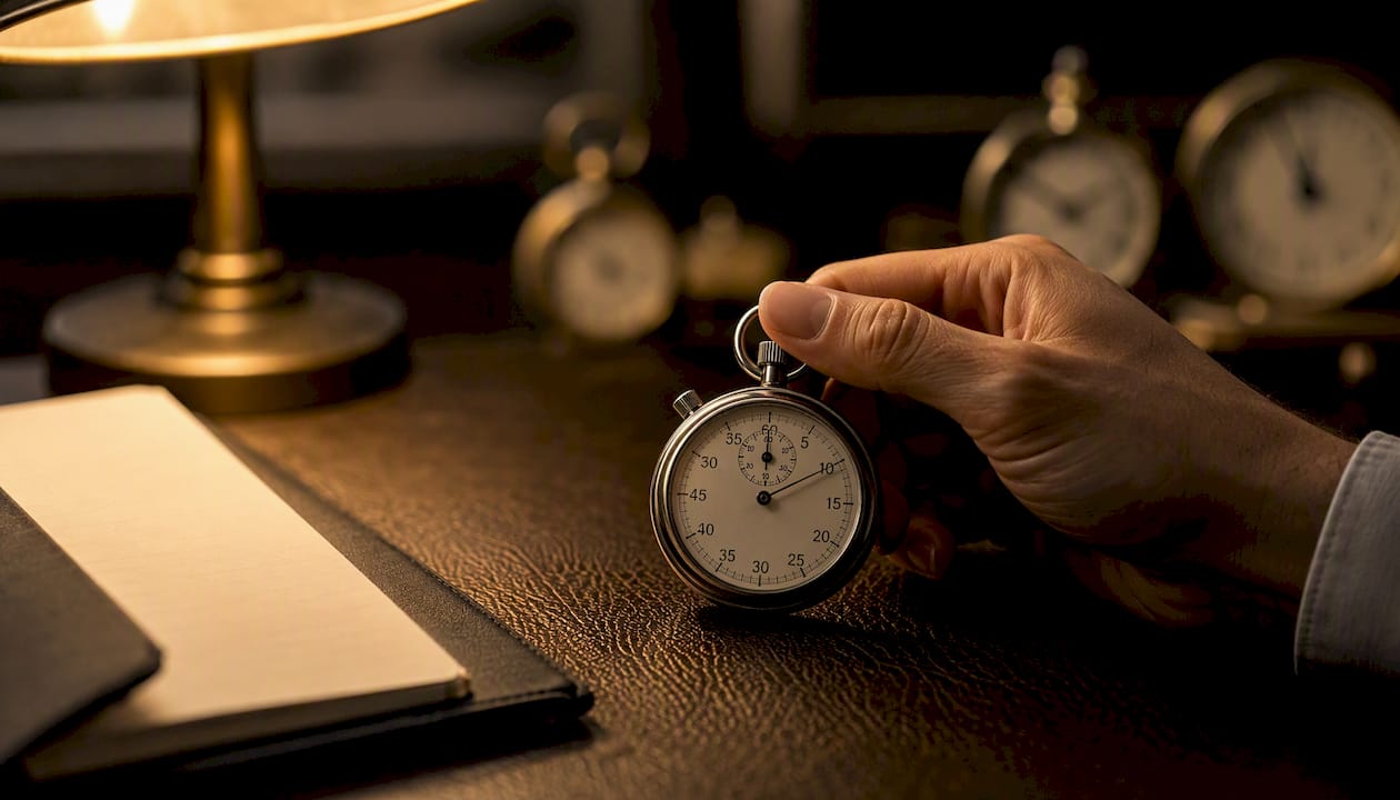 Hand pressing stopwatch button on desk