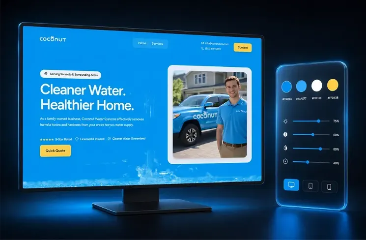 Water treatment home service website design with bold blue and yellow branding