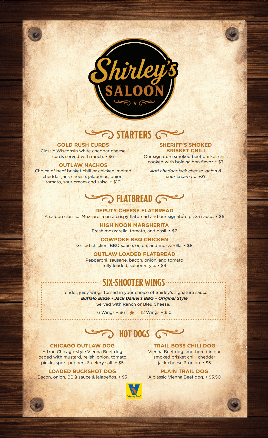 Shirley's Saloon Menu