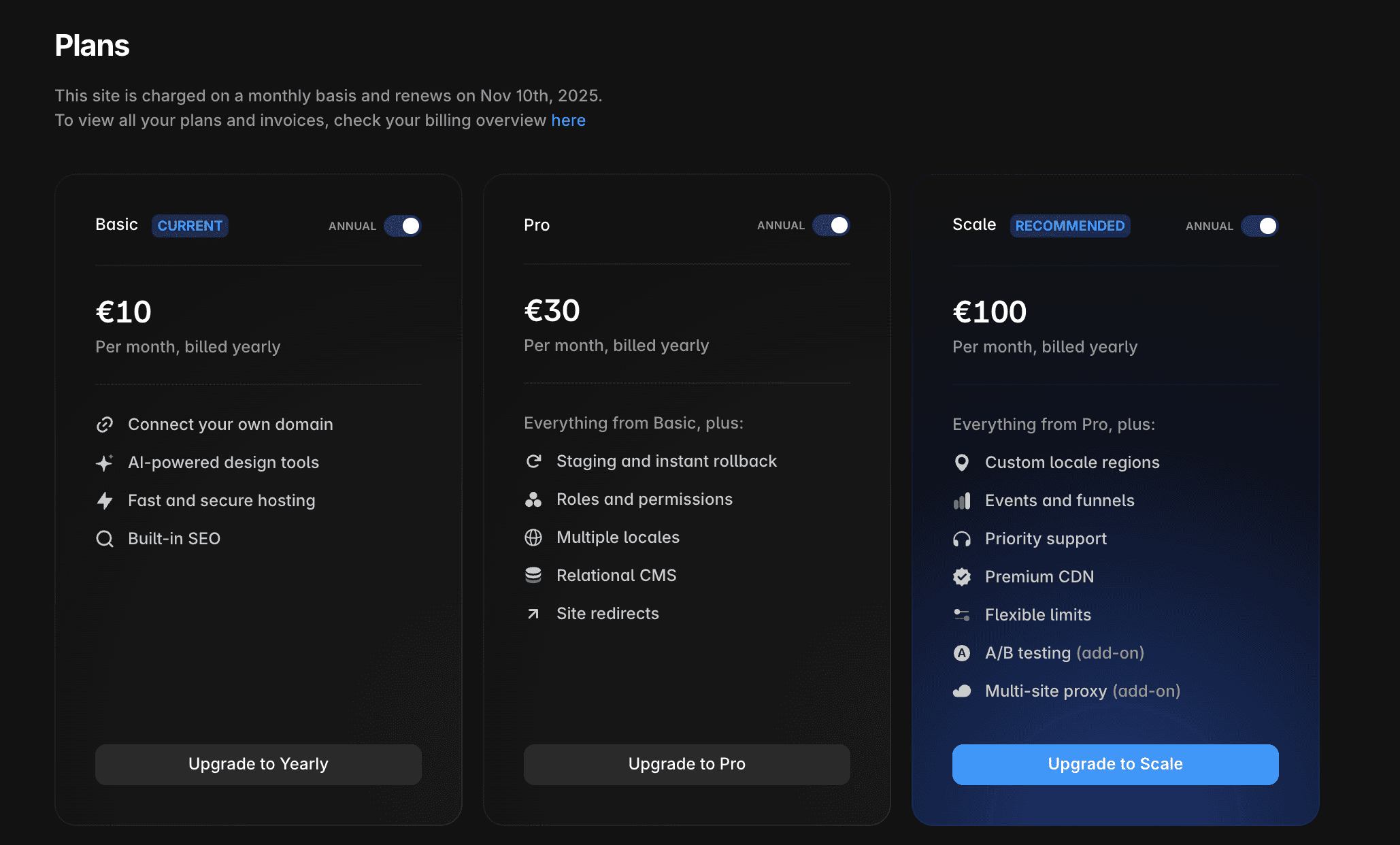 Framer 网站定价页面，突出显示从月度计费计划升级到年度计费计划的选项。