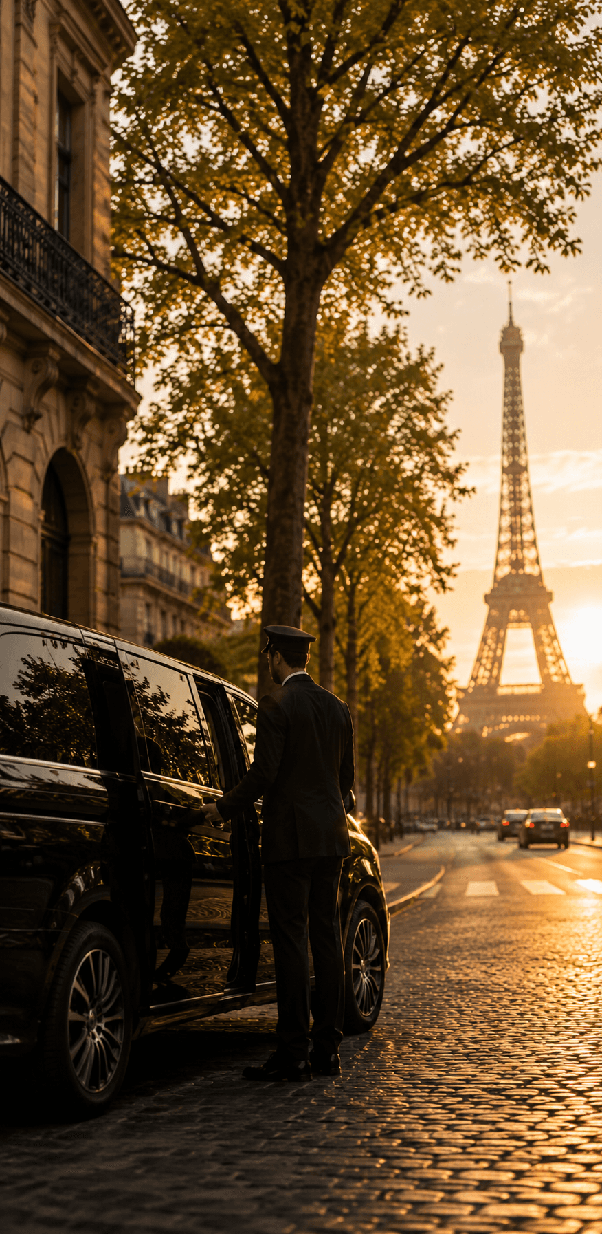 Private chauffeur vehicle outside a Paris landmark