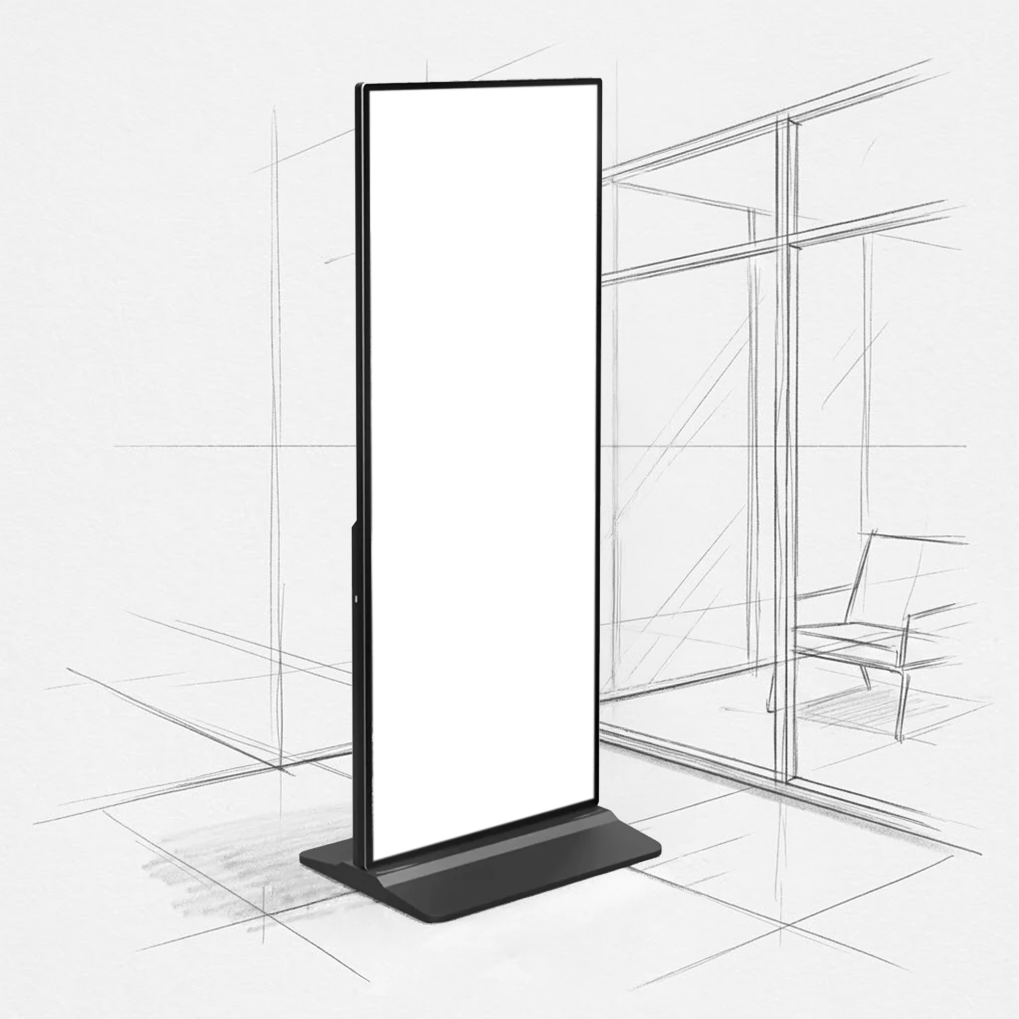 Mobile Digital-Signage-Stele TopRegal TecMaschin, 43 bis 55 Zoll, freistehend im Hochformat