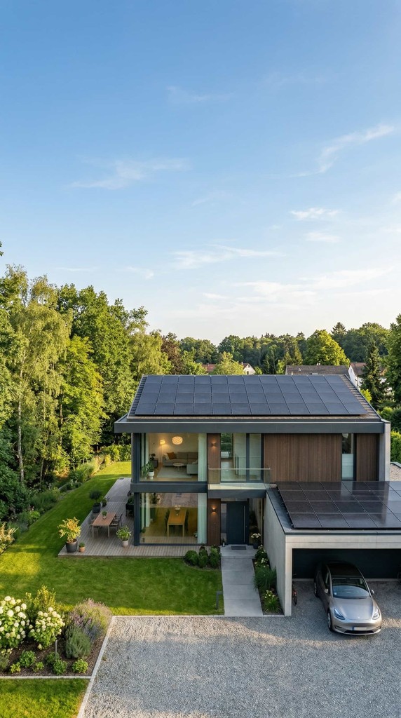 Foto von einem modernen Haus mit Solarenergie. Links sind Bäume, in der Mitte ist das Haus mit den Solarmodulen auf dem Dach. Modern, große Glasscheiben und es ist ein Einfamilienhaus. Auf dem Garagendach sind auch Solarmodule installiert.