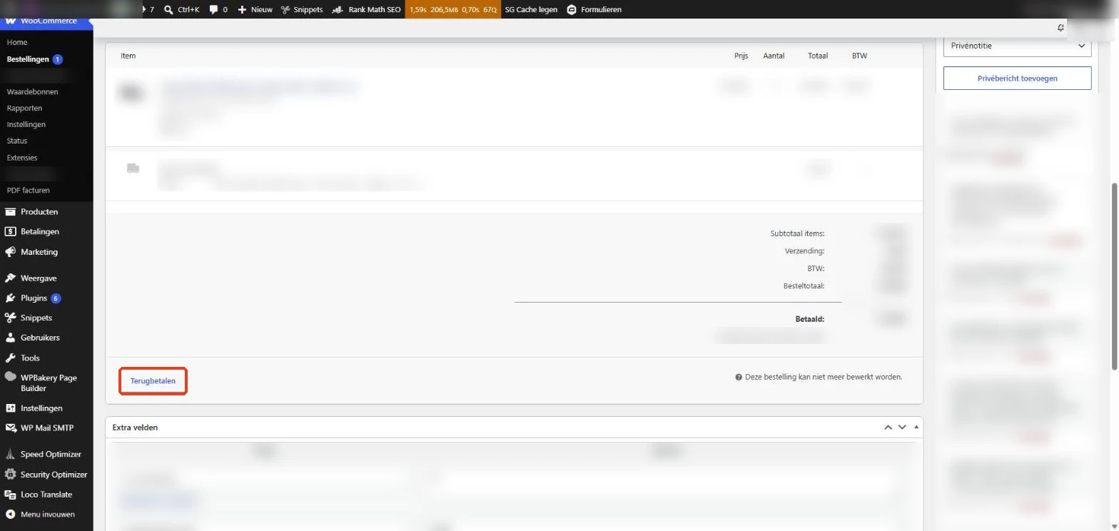 WooCommerce: de knop Terugbetalen onder de producten in een bestelling
