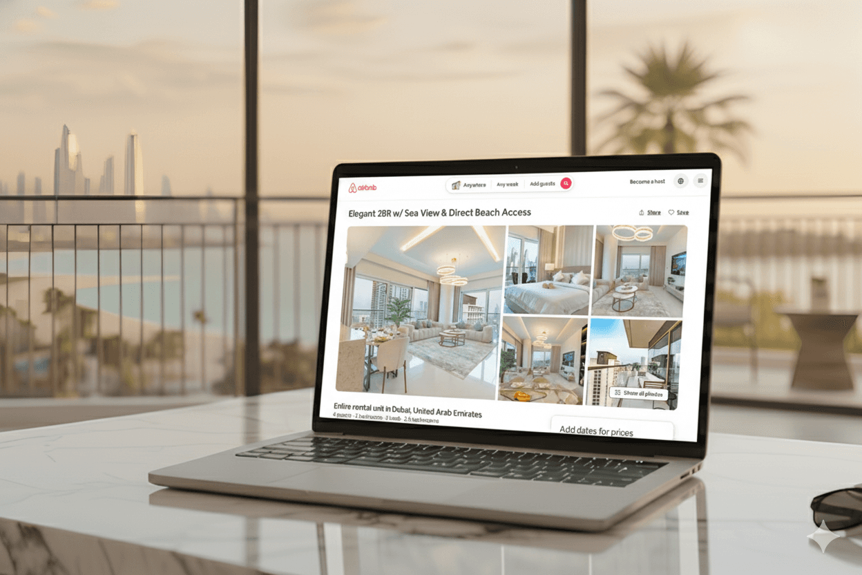 Laptop mit Airbnb-Webseite, der ein Apartment in Dubai zeigt – Darstellung der professionellen Co-Host-Dienste von Life in Luxury für Gäste aus Deutschland, Österreich und der Schweiz.