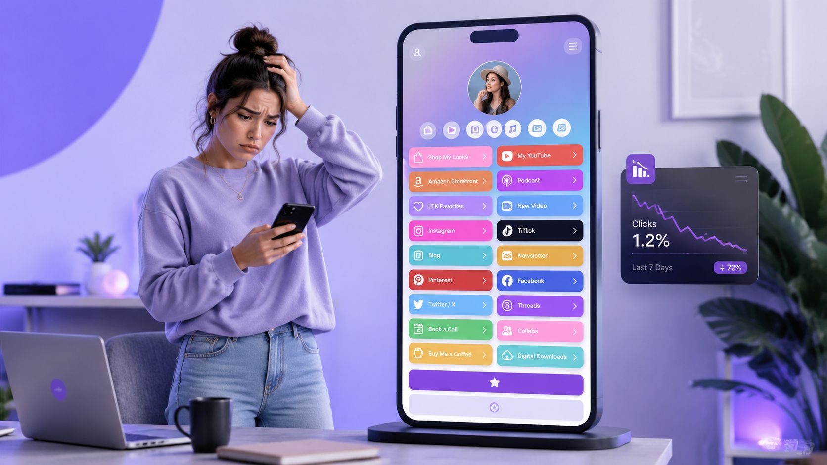 A concerned woman checking her phone while looking at a large digital screen displaying declining link clicks.