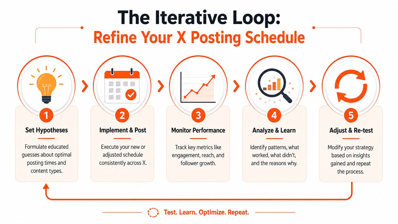 A five-step circular diagram showing the iterative process to optimize and refine your social media posting schedule.