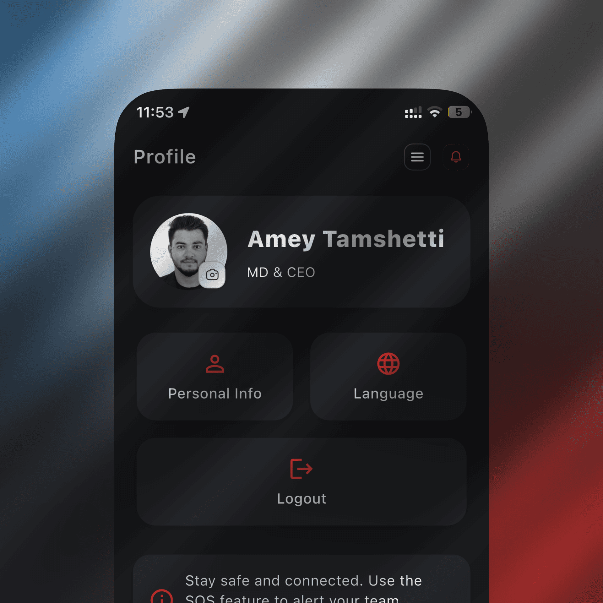 Tyros mobile app user profile screen showing personal details, role, and account settings for operational management