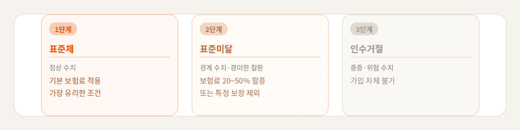 보험 심사 3단계 카드. 1단계 표준체(정상 수치, 기본 보험료 적용), 2단계 표준미달(경계 수치·경미한 질환, 보험료 20~50% 할증 또는 보장 제외), 3단계 인수거절(중증·위험 수치, 가입 불가). 
