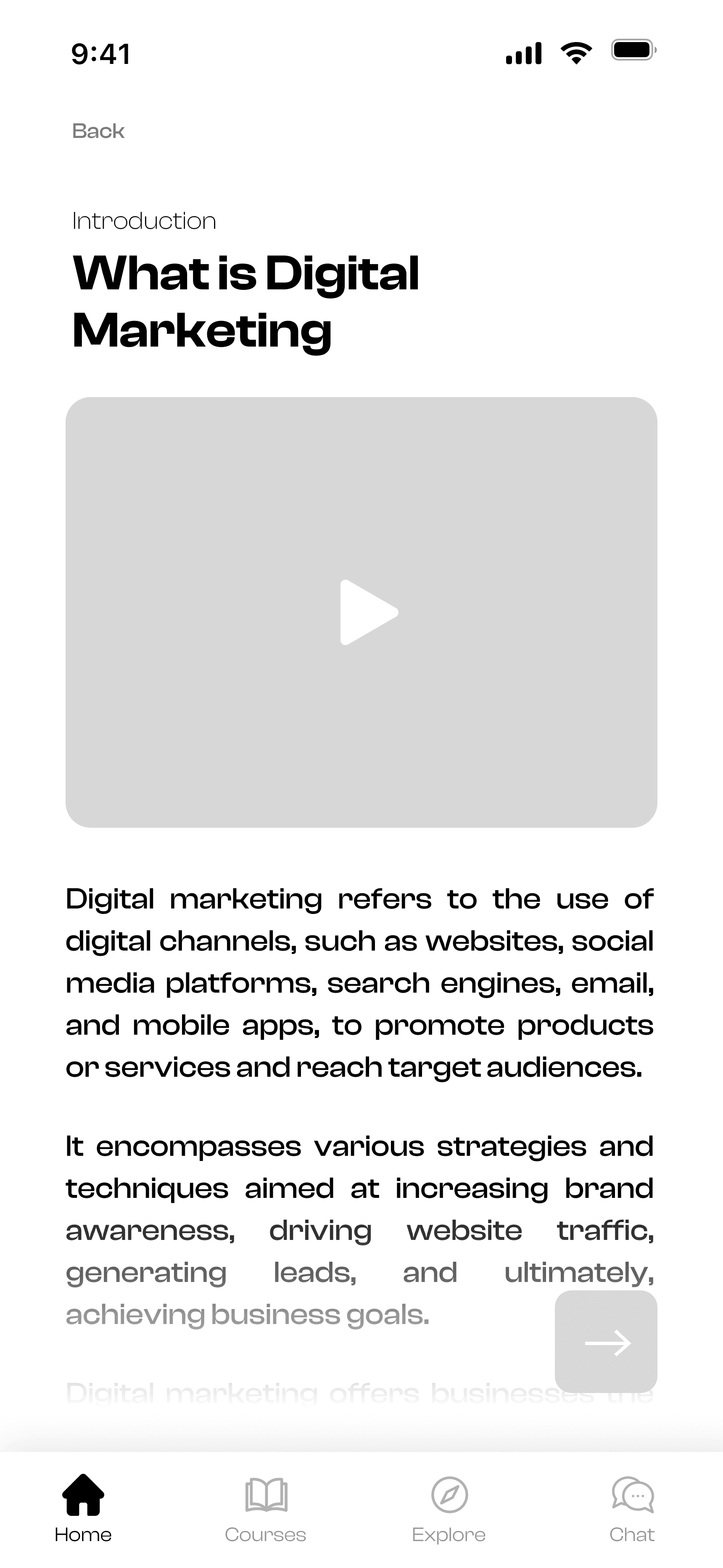 A mobile phone screen displays an article on digital marketing, featuring text about using digital channels for promotion, with icons at the bottom for navigation and a triangular play button in a rectangular area representing a video.
