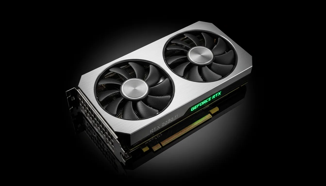 High-detail DSLR product photography of an NVIDIA RTX 20 series Founders Edition graphics card, positioned diagonally on a black, reflective surface. Cinematic contrast with soft studio lighting from the top, casting subtle shadows and highlighting the brushed silver metal shroud. The dual matte black fans with circular brushed-metal centers are in sharp focus. The entire card is crisp and detailed against a pure black background, with visible silver model lettering and a small, glowing green accent text on the side.