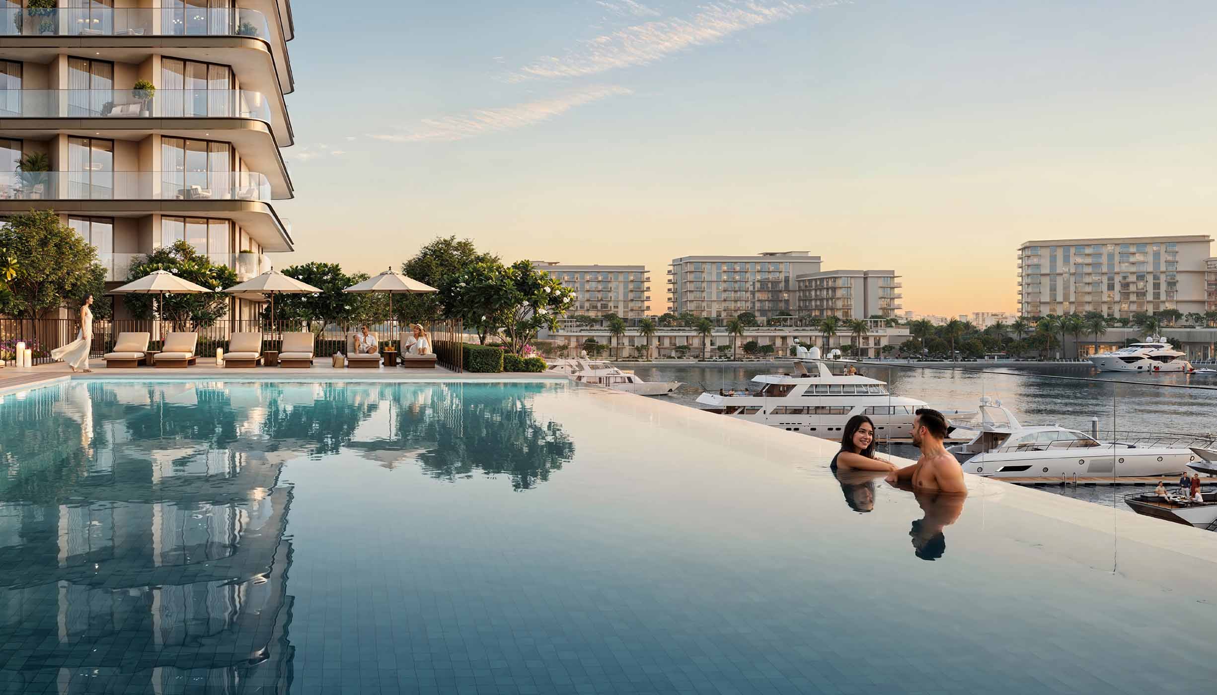 Infinity pool overlooking the marina at Fior by Emaar. Let us show you the pinnacle of luxury living.