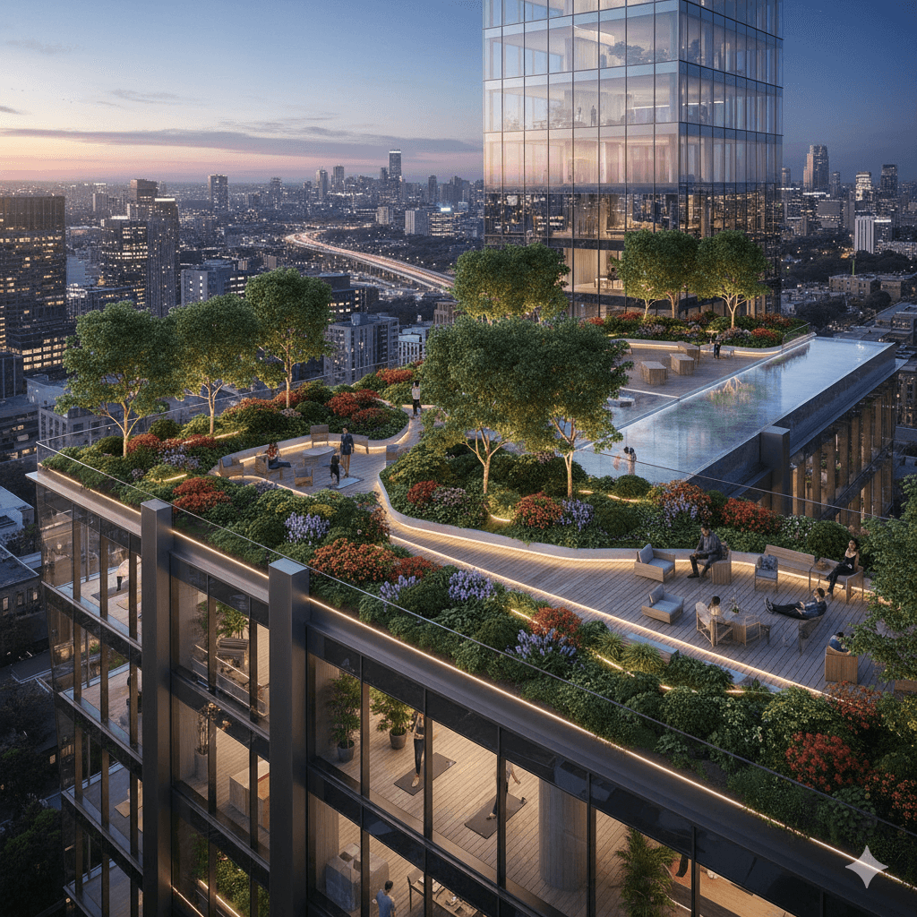 Lush rooftop garden and recreational terrace lounge on a commercial building in Gurugram