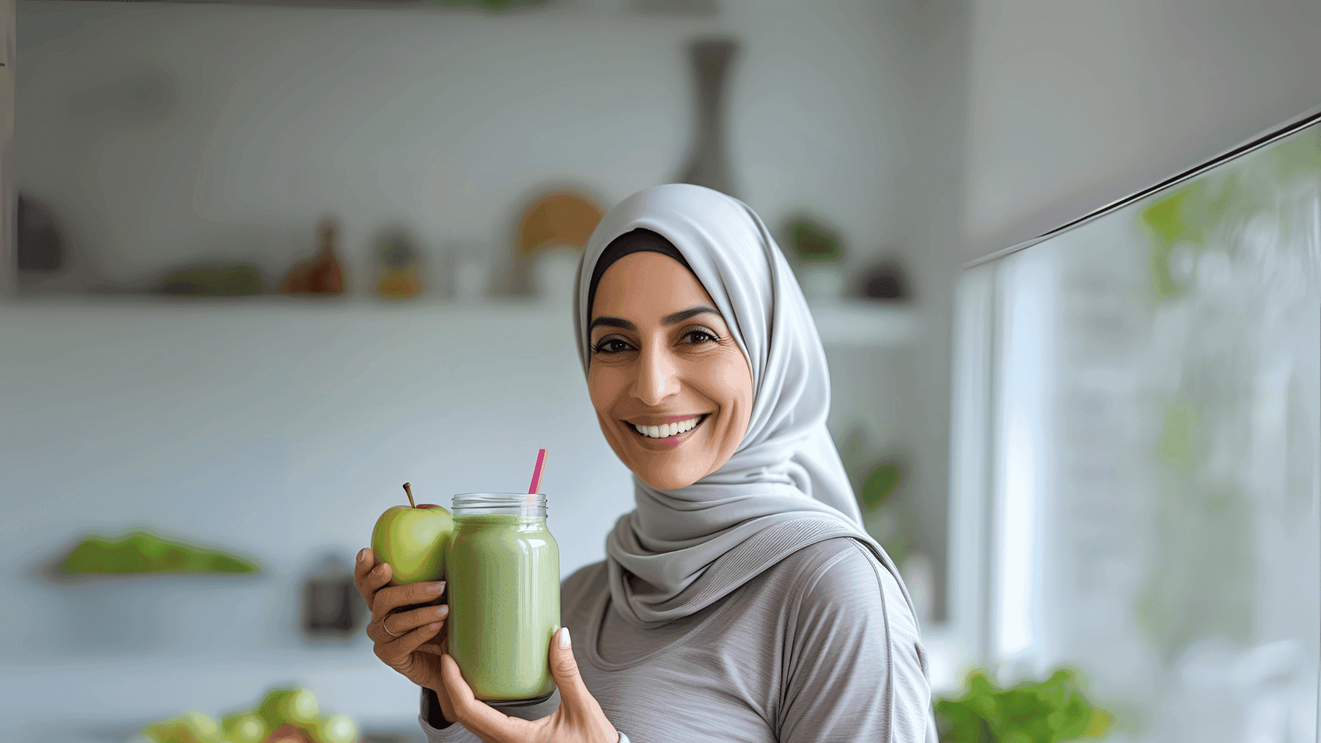 Smiling woman (Ms. Sarah Landor ) wearing a hijab, holding a green apple and a healthy green smoothie in a bright kitchen, symbolizing successful lifestyle changes and proactive health management.