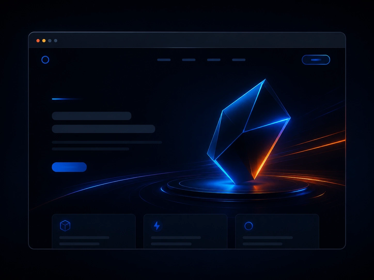Futuristic website hero section design with dark UI, neon blue and orange accents, and premium digital interface for Lumis