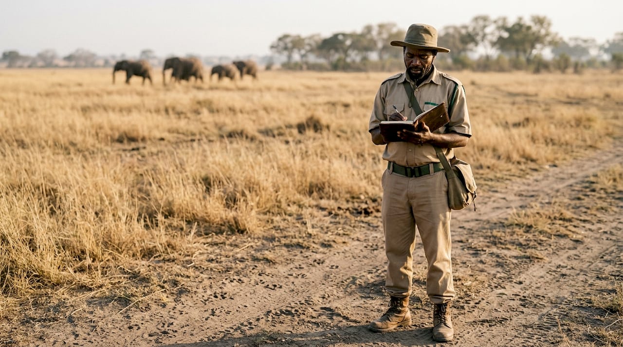 Wildlife ranger records observations near elephants in savannah