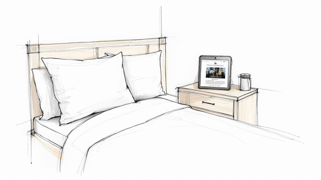 Cozy living room in a short-term rental with warm lighting and thoughtful decor.