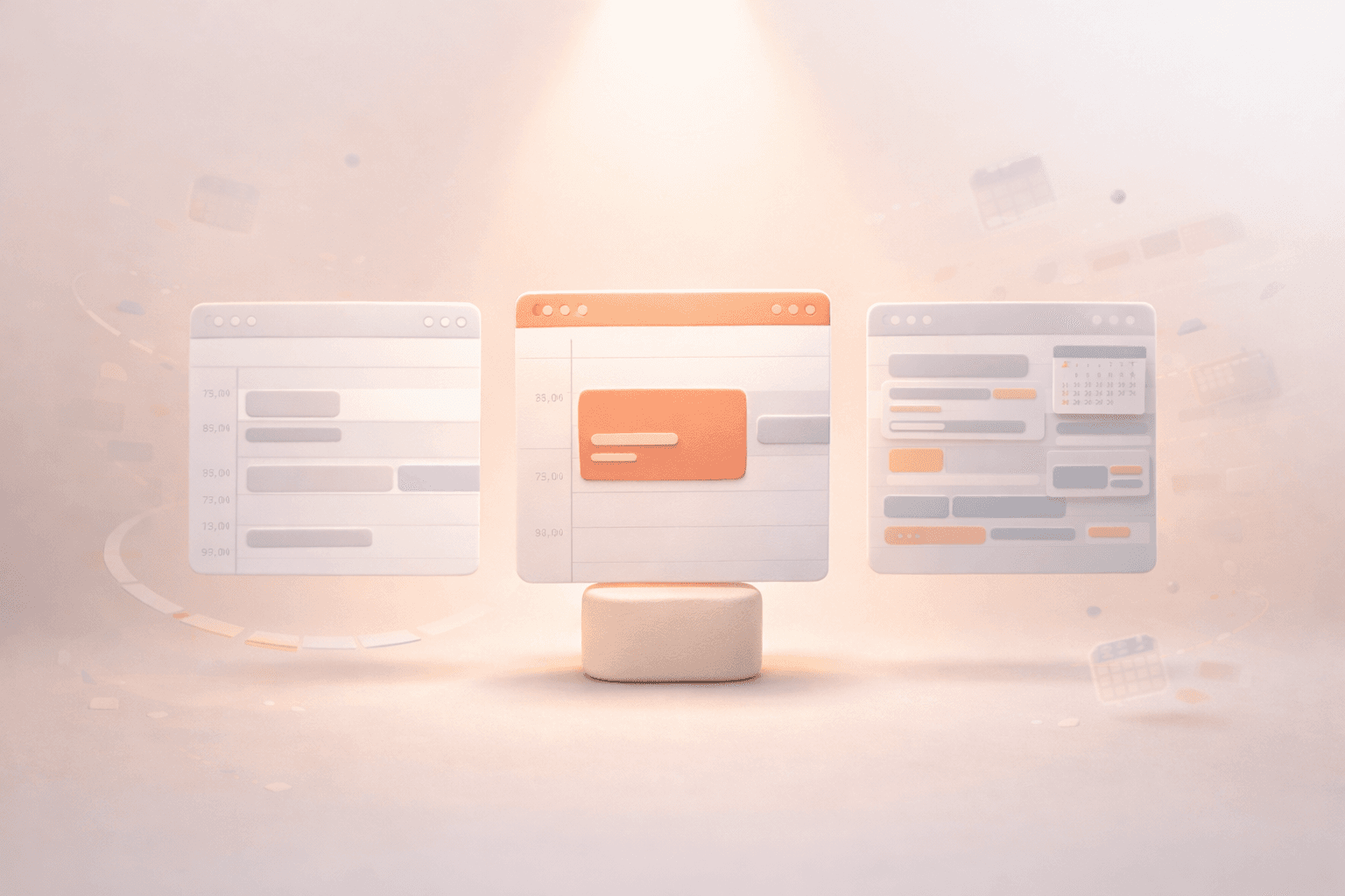 Minimalistische 3D-Illustration mit drei schwebenden Kalender-Panels auf warmem creme-beigem Hintergrund. Das mittlere Panel ist mit einem korallorangenen Fokusblock hervorgehoben und steht auf einem kleinen Podest, während links ein schlichtes Kalenderlayout mit wenigen neutralen Terminblöcken und rechts ein komplexeres Layout mit mehreren Ebenen und Zeitblöcken zu sehen ist. Um die Panels schweben dezente Kalender- und Aufgabenfragmente, die moderne Arbeitsplanung und Time-Blocking symbolisieren.