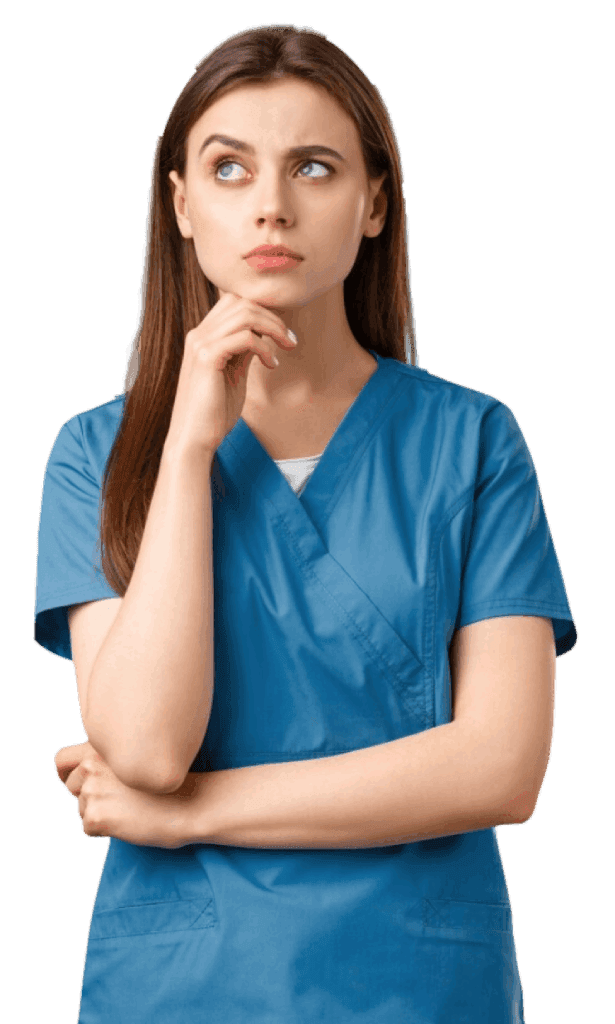 A woman in a scrub suit ponders, deep in thought.