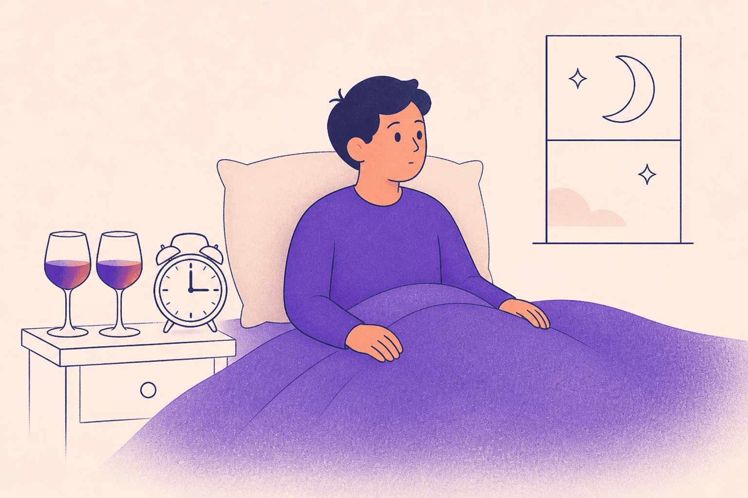 Una figura de color morado sentada despierta en la cama a las 3 de la mañana con dos copas de vino en la mesita de noche, ilustrando cómo el alcohol afecta el sueño incluso con solo dos copas.