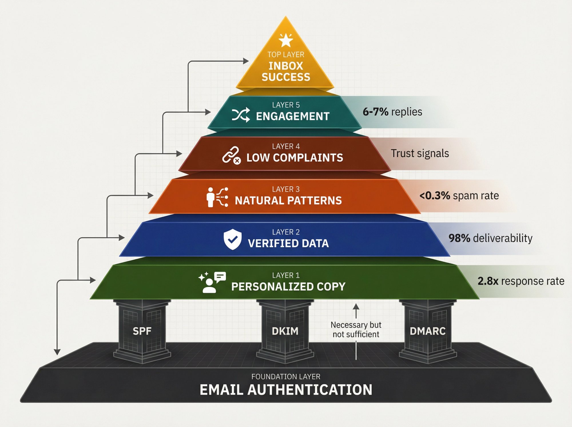 Visual diagram showing email authentication as foundation with additional success factors layered on top