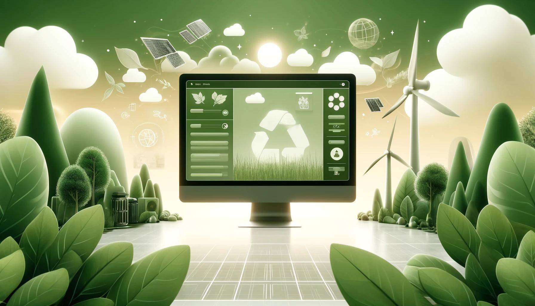 Digital product interface displayed within a green landscape featuring wind turbines, solar panels, and recycling symbols representing sustainable and environmentally responsible technology.