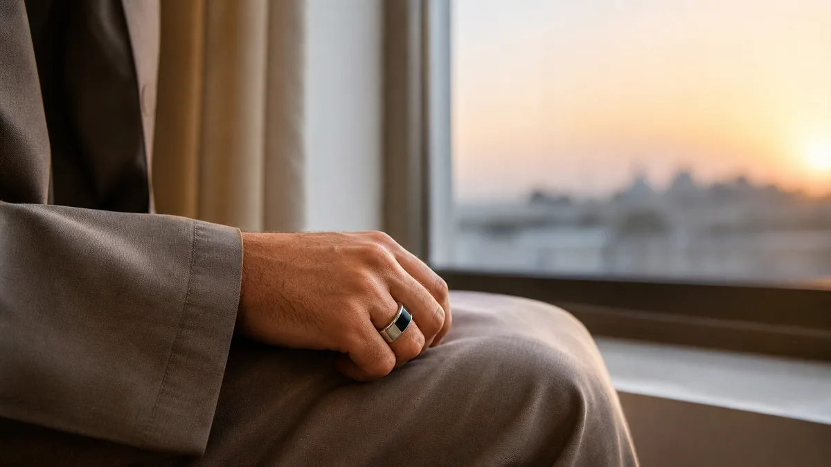 Relaxed hand wearing a smart tasbih ring during quiet morning dhikr