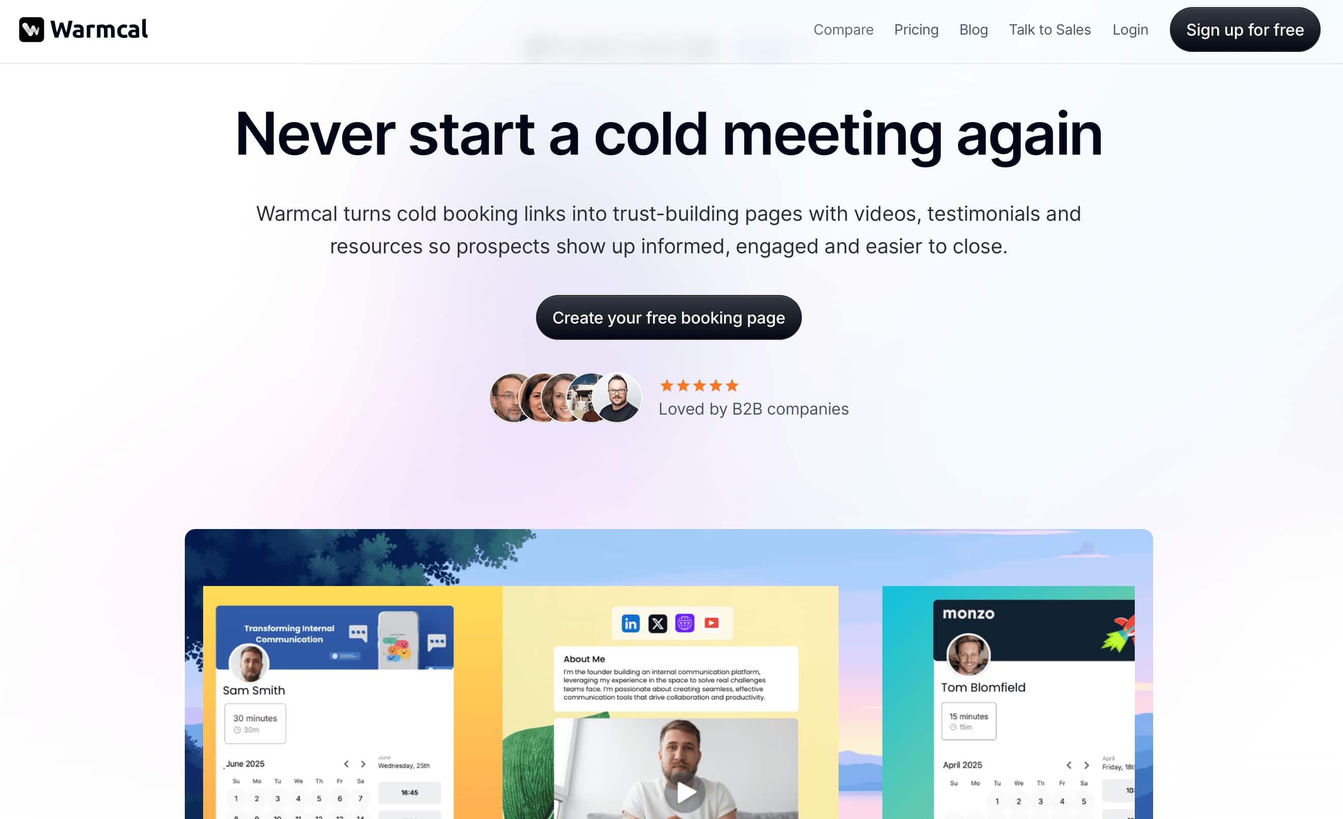 Warmcal homepage hero section showing headline, call-to-action