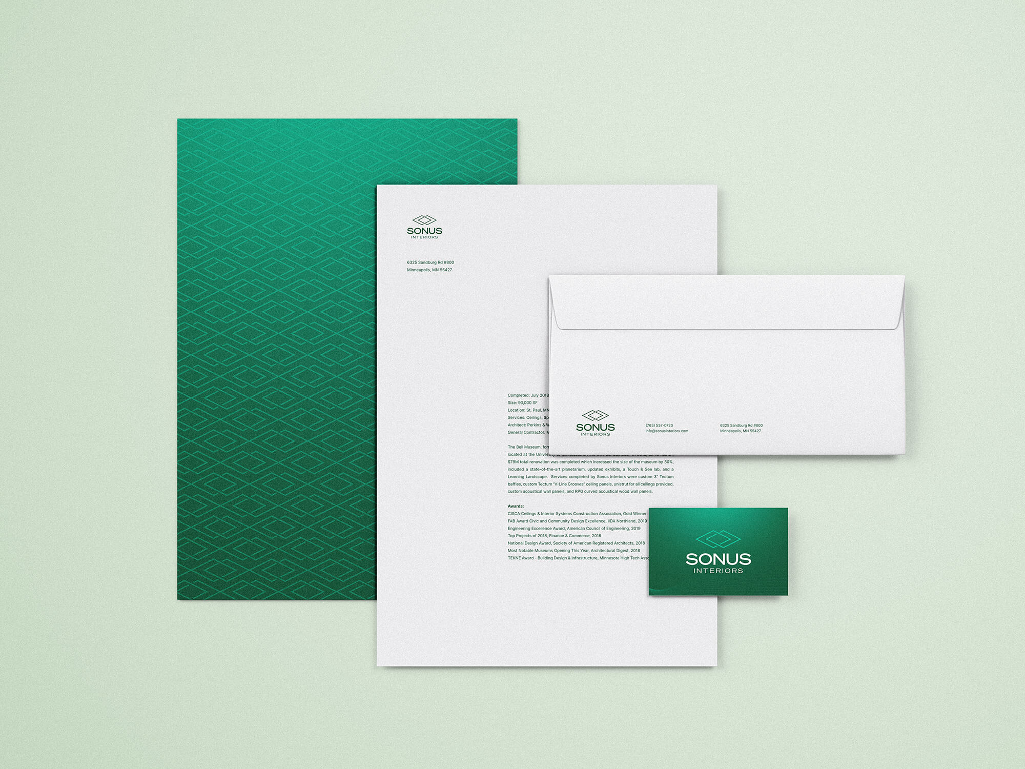 Layout of Sonus Interiors letterhead, envelope, and business card.