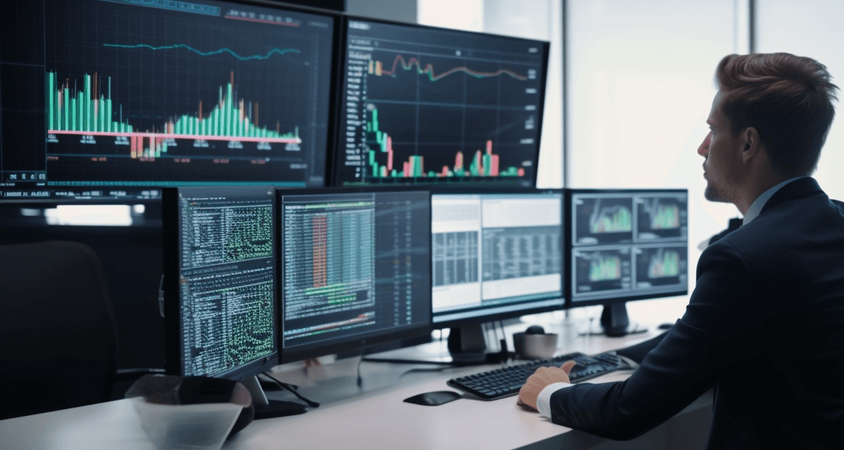 Man monitoring multiple financial data screens -  Are Crypto Trading Bots Profitable