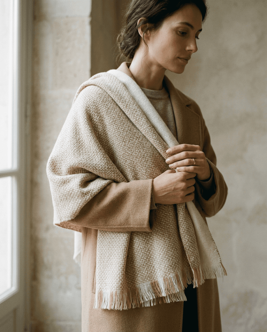 Ivory & Camel Cashmere Scarf — Ivory — full