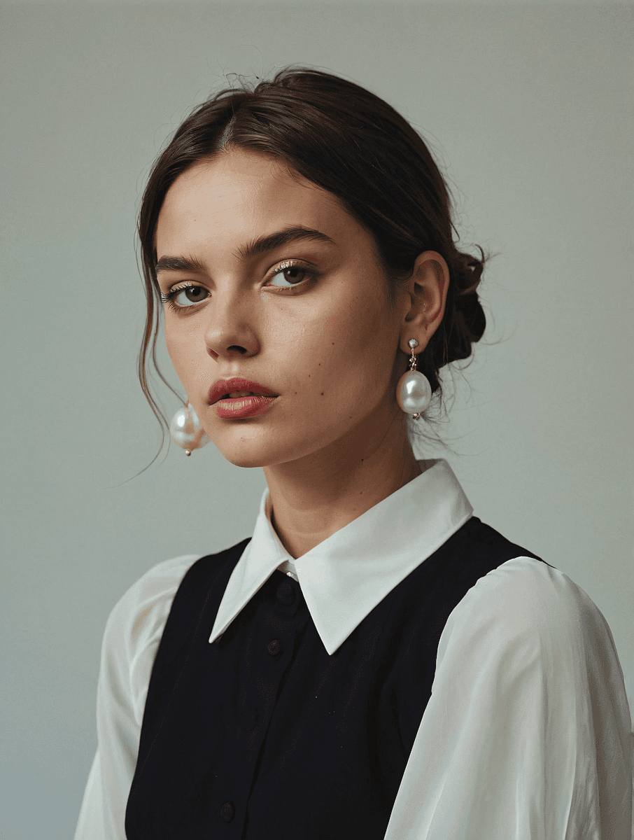 Elegant woman with pearl earrings, dark hair, red lips, and a white collar shirt.