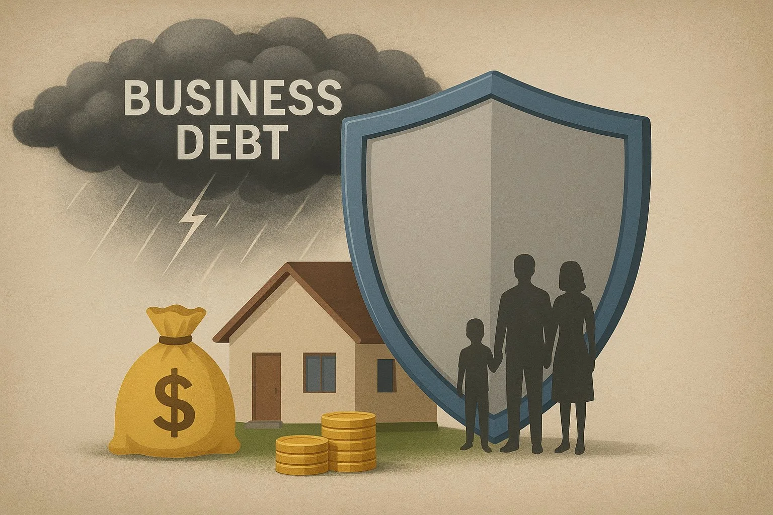 Illustration of a business shield protecting a family home and savings from storm clouds labeled “Business Debt,” symbolizing personal asset protection.