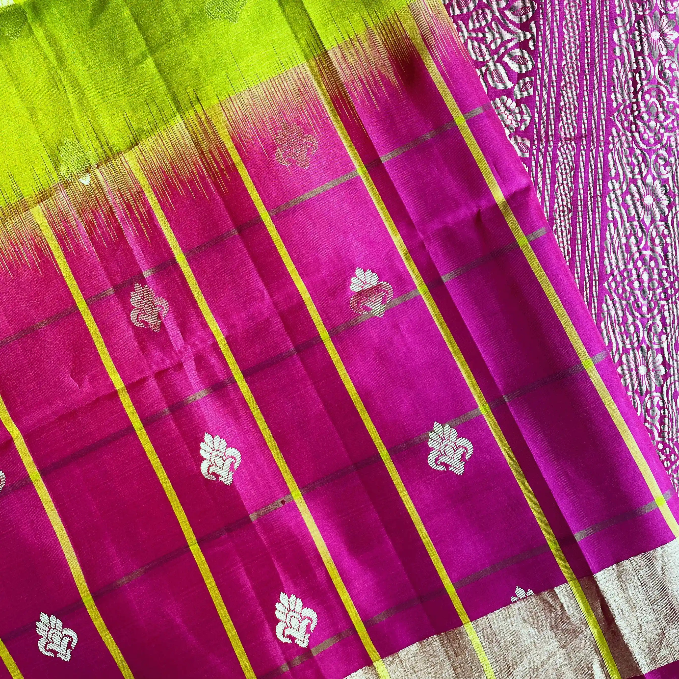 Lime Green Silk Saree With Floral Zari Motifs