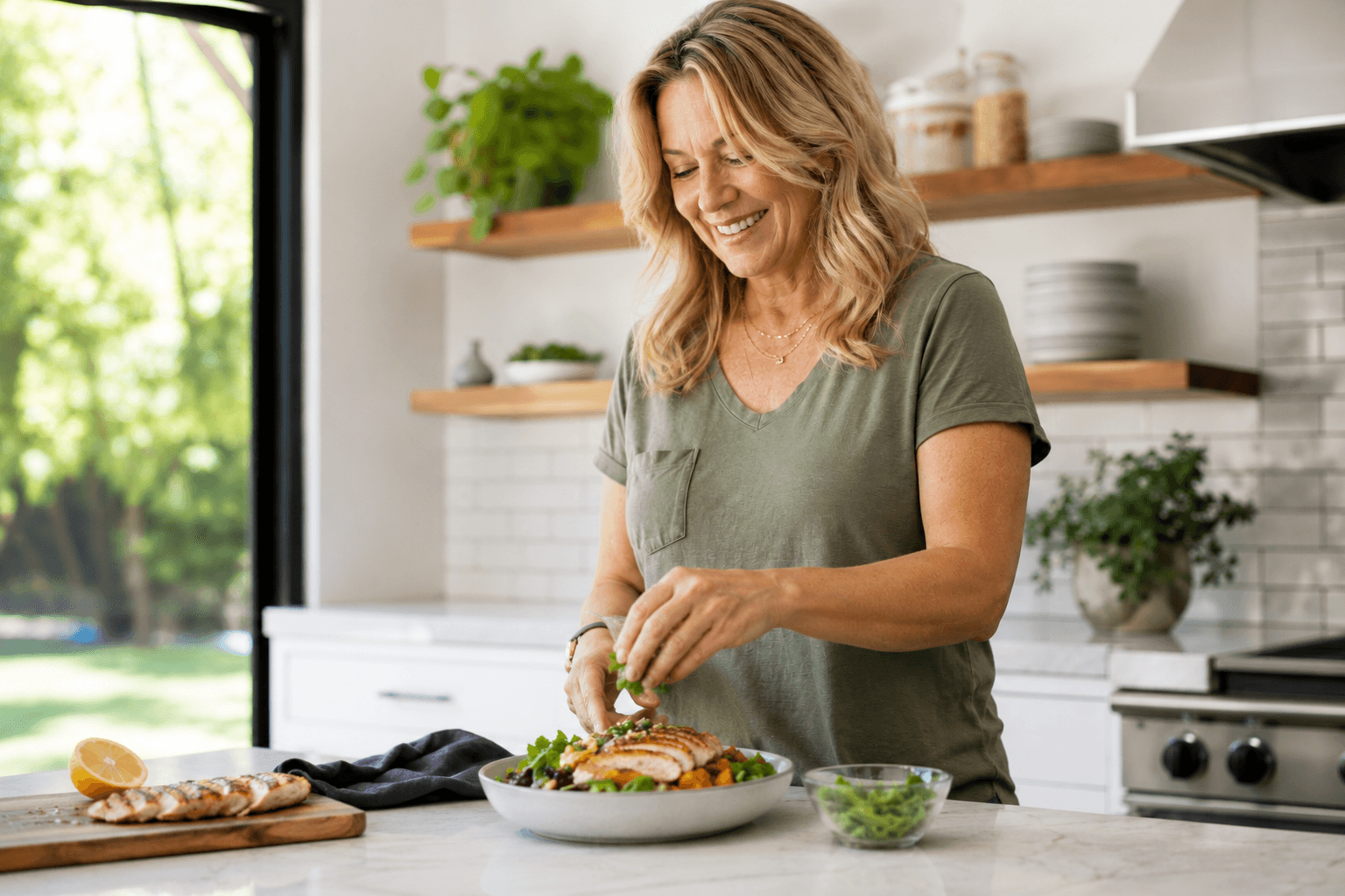 Man chopping vegetables and healthy food in a kitchen