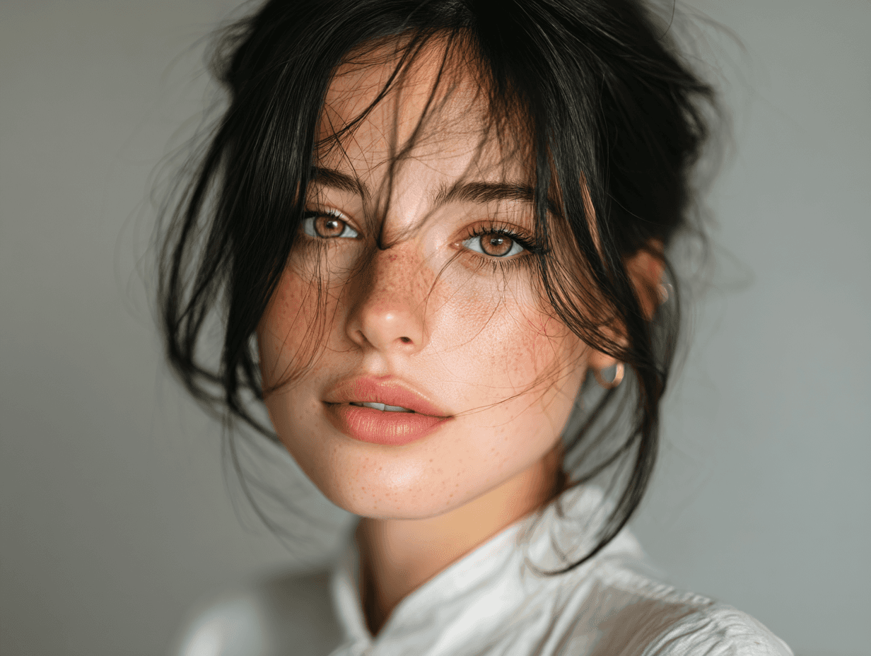 Close-up portrait of a young woman with freckles and dark hair styled in a loose updo. She's wearing a white collared shirt and looking directly at the camera.