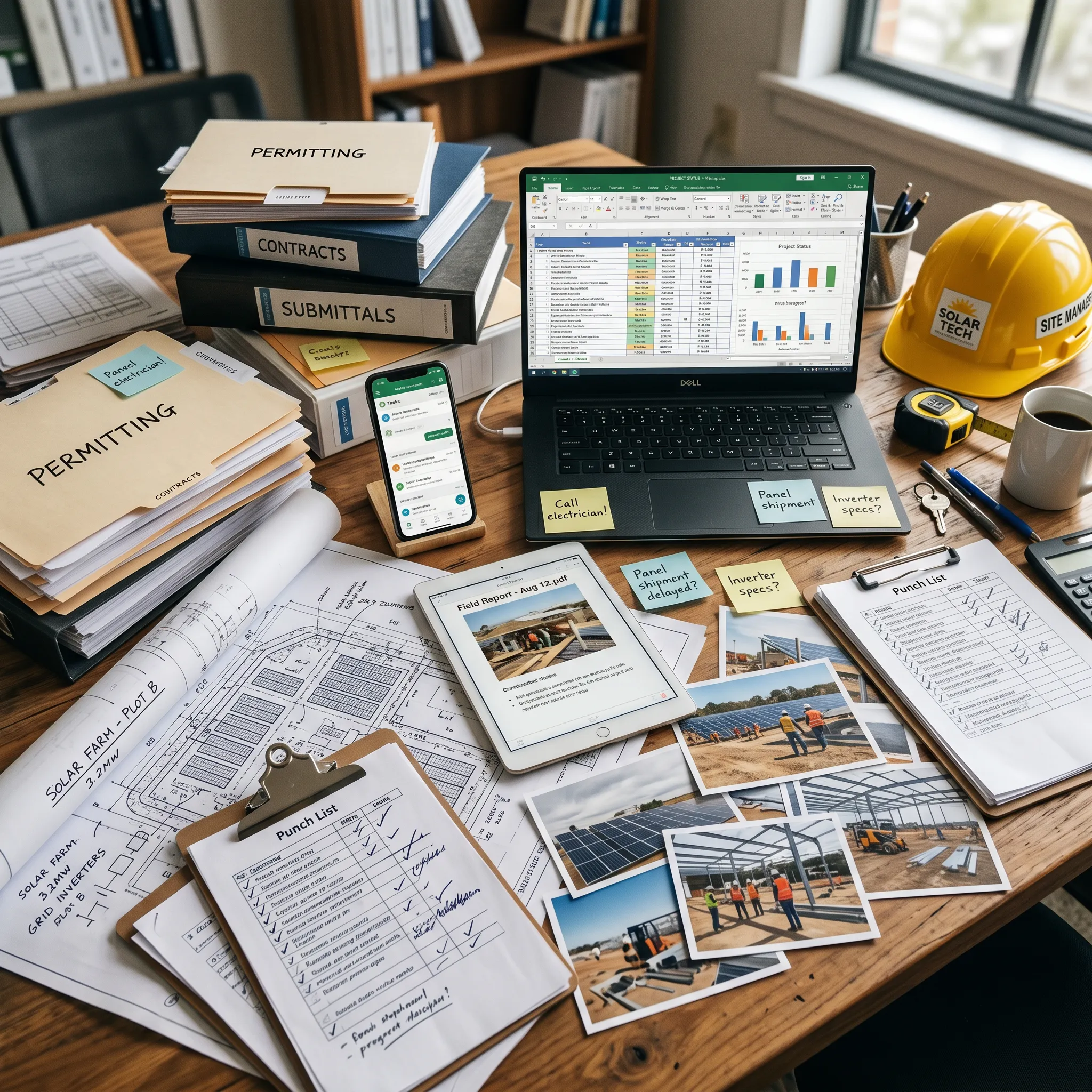 Desk cluttered with project documents, plans, and a laptop displaying spreadsheets.