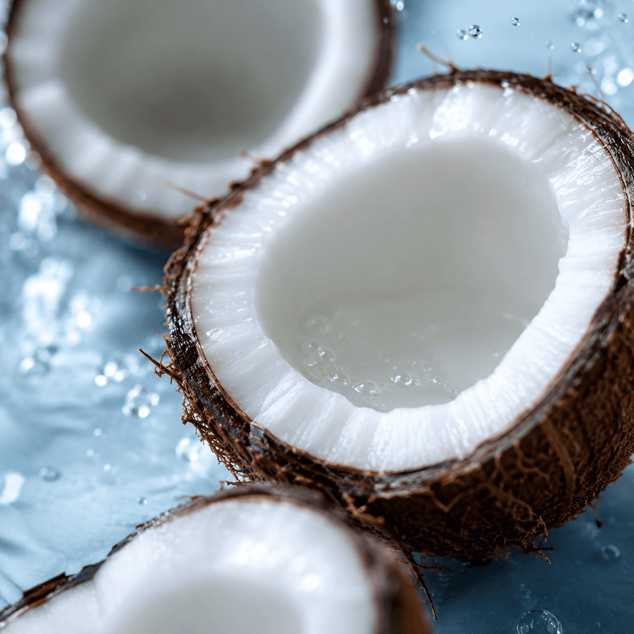 Close-up of fresh coconut halves with coconut water droplets on a cool blue background, highlighting coconut's hydrating and nourishing properties for hair care and body care
