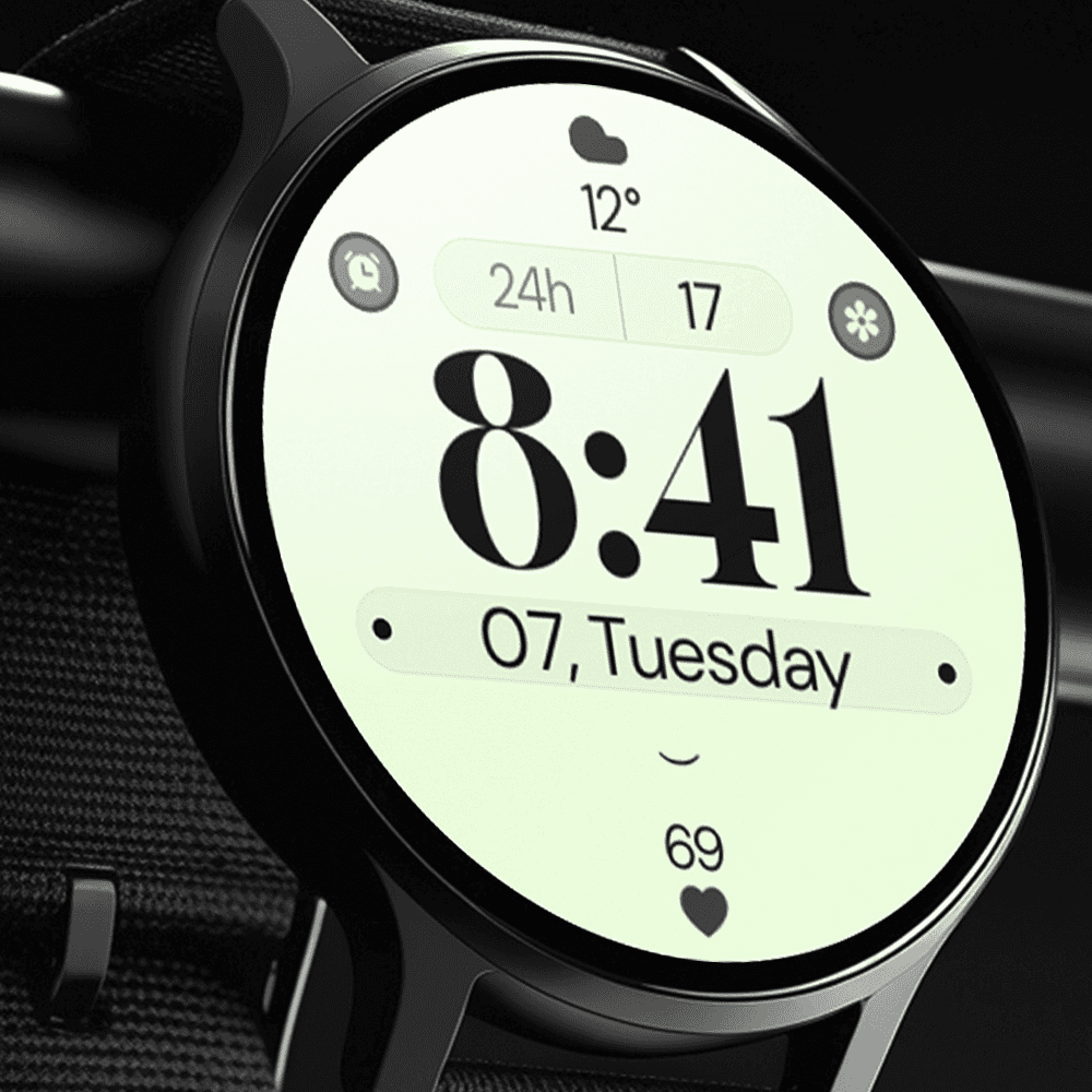 Modern Wear OS smartwatch displaying a digital watch face