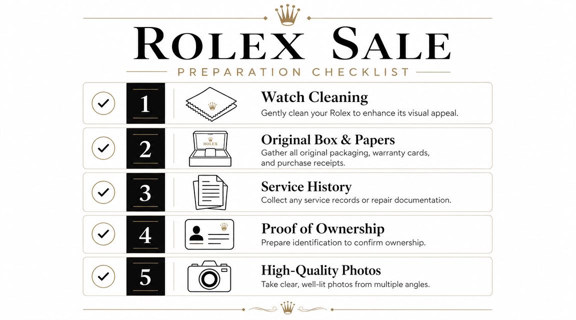 A five-step checklist for selling a pre-owned Rolex watch, including cleaning, documentation, and photography.