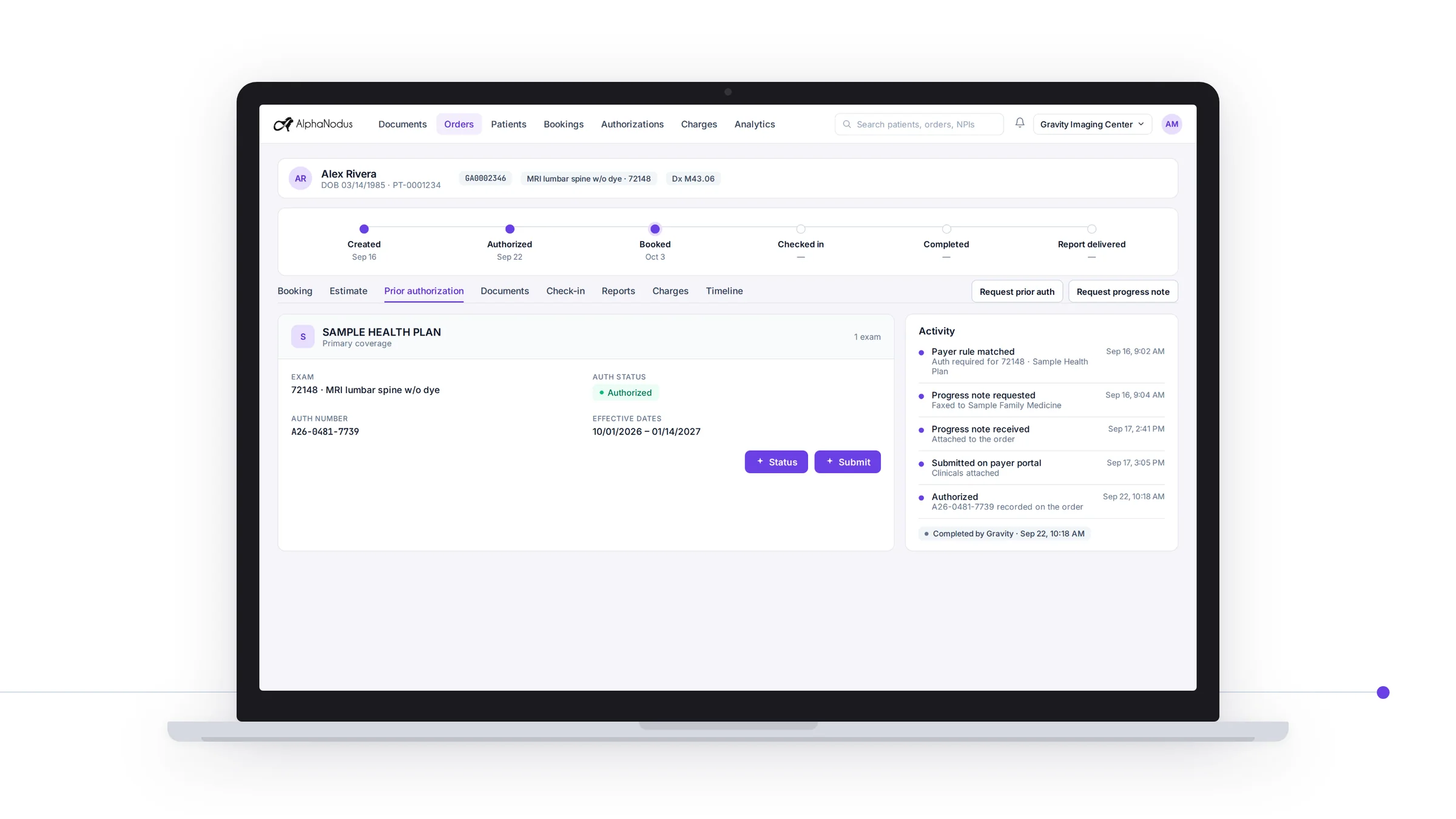 An order's Prior Authorization tab in Gravity on a laptop: the plan, the exam, the authorization marked Authorized and the activity from payer rule matched to authorized