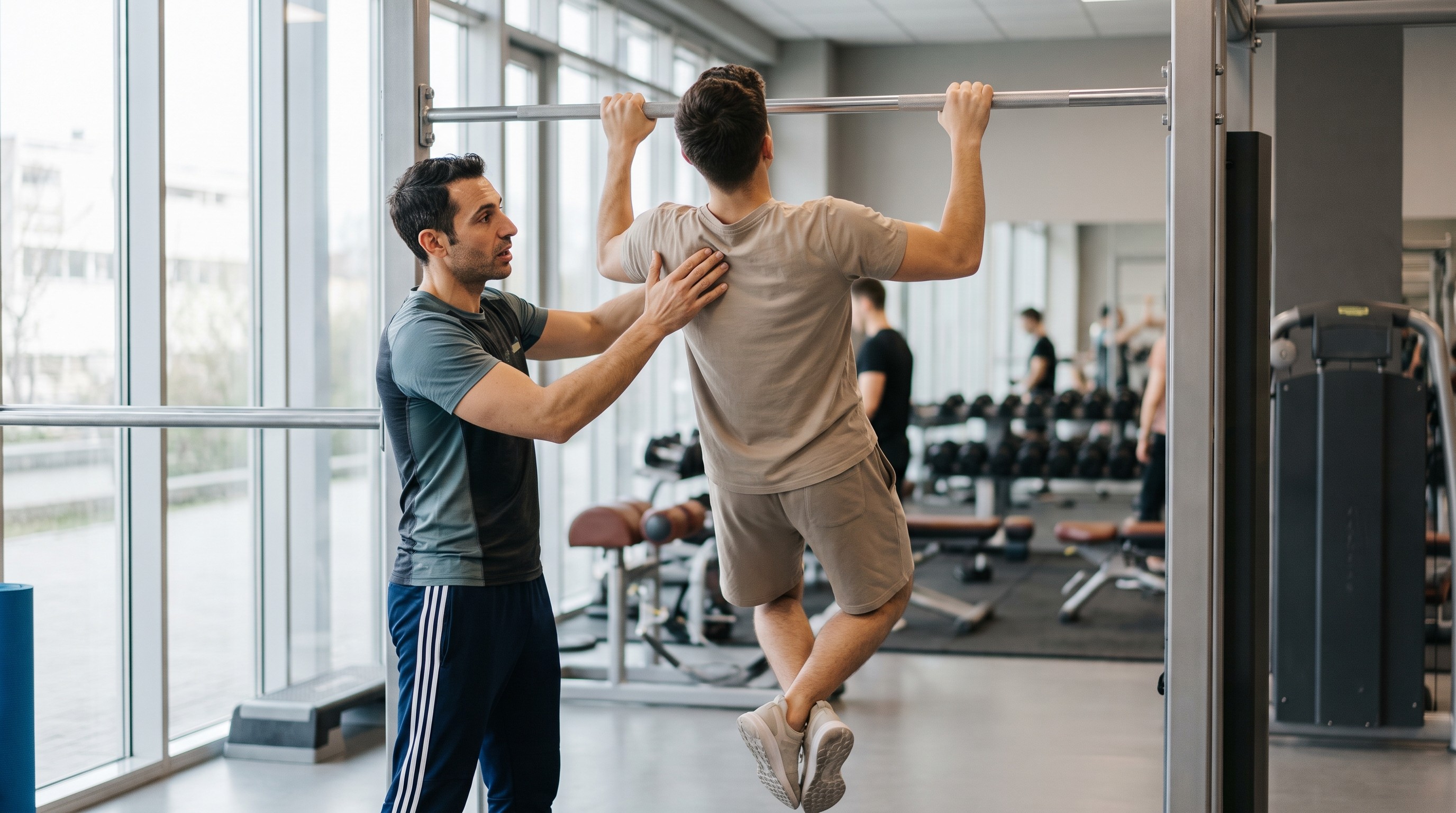 istruttore calisthenics corregge postura cliente durante pull-up su sbarra in palestra
